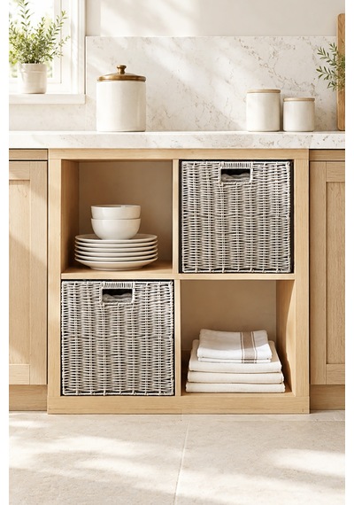 Ocean Home Textile 2'li Yıkanabilir Gri Pp Rattan Sepet Set 33 X 33 X 33 Cm