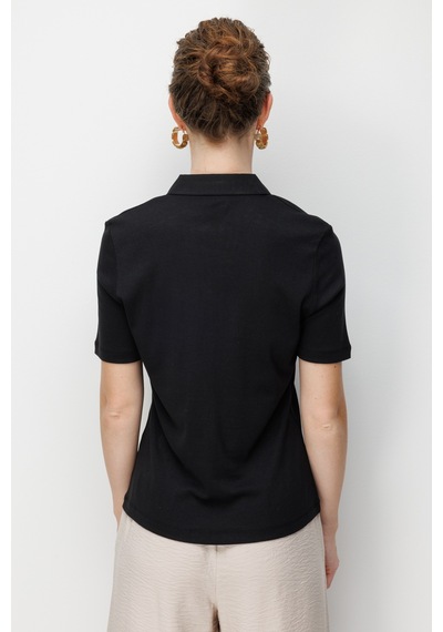 Kadın Polo Yaka İğne İşlemeli Pamuklu Penye T-shirt Siyah Siyah