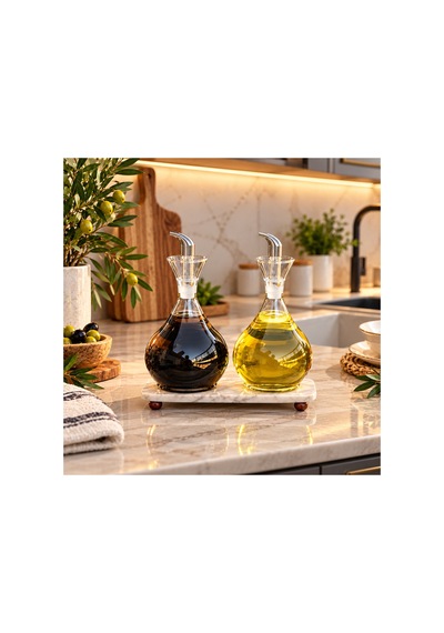 Mermer Standlı Borosilikat Cam 900 Ml Yağdanlık Set Damlatmaz 3 Lü Yağlık Set Ayçiçek Yağı Zeytinyağı Şişesi Bej Bej