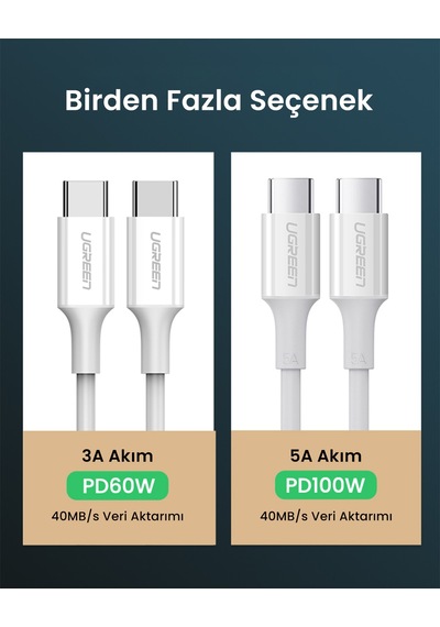 Ugreen Usb-c 60w 3a Qc Pd Hızlı Şarj Kablosu, 0.5 Metre, Beyaz, 60517 -