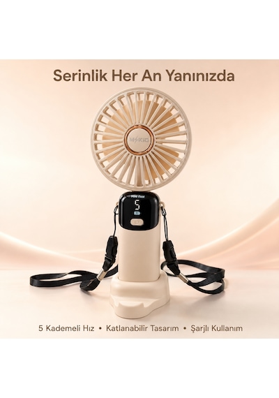 Mkio Şarjlı El Vantilatörü 5 Kademeli, Katlanabilir Dijital Ekranlı Mini El Fanı, 1200 Mah, 5 Pervaneli Güçlü Hava Akışı, Standlı Masaüstü Fan, Usb Şarjlı - Krem Renk