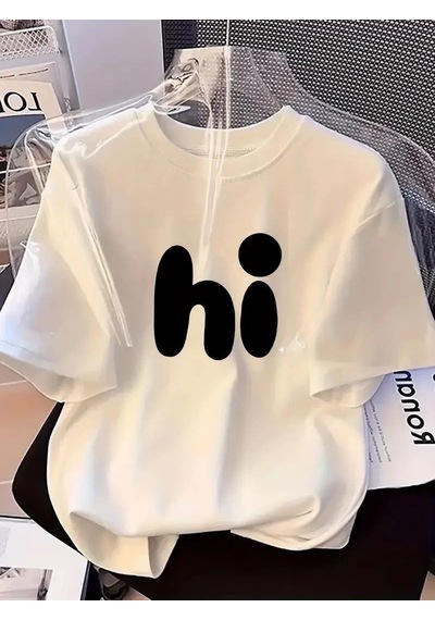 Kadın Kısa Kol Yazlık Tişört Bisiklet Yaka Hi Baskılı T-shirt - Beyaz