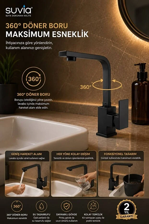 Lavabo Bataryası Siyah Kare 360 Döner Borulu Banyo Musluğu Pirinç Gövde