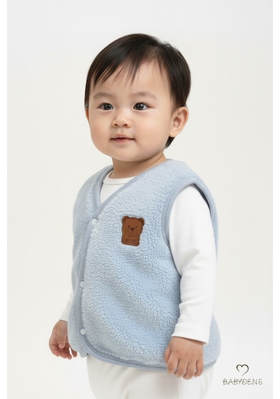 Babyden's 2 Li Welsoft Yelek Seti Erkek Bebek & Çocuk Peluş Yumuşak Kışlık Bebek Yeleği, Çıtçıtlı Ekru - Mavi
