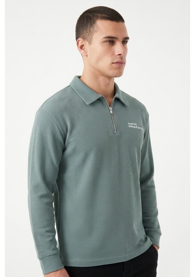 Opınıon Erkek Spor Polo Yaka Petek Dokulu Sweatshırt Bgl-st05442 Yeşil
