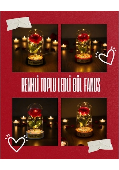 Renkli Toplu Ledli Gül Fanus Kırmızı