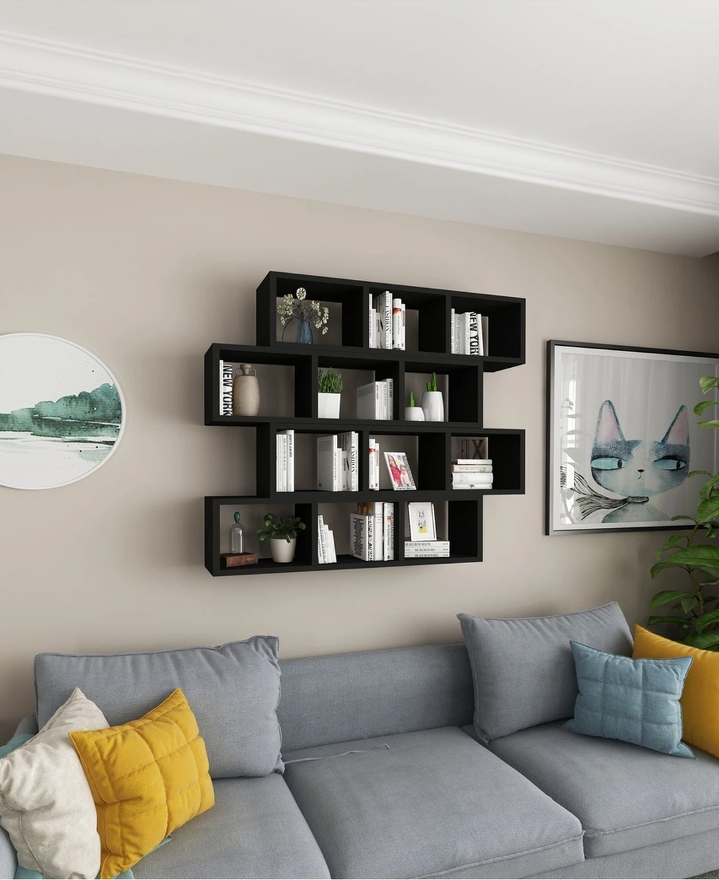 Kitaplık Modern Duvar Rafı Salon Yatay 4 Lü Takım Siyah Siyah