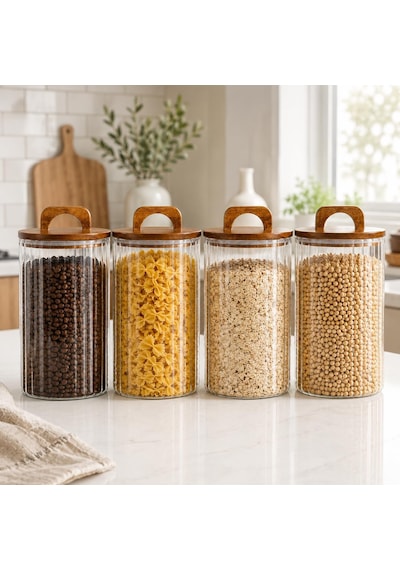 Tr 2450 Ml Zahire Kavanozu 4'lü Set, Ahşap Kapaklı Kulplu Cam Erzak Saklama Kabı, Bakliyat Makarna Kahve Kuruyemiş Diğer