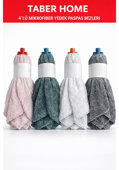 Taber Home 4'lü Mikrofiber Yedek Paspas Bezi Vidalı Mop Başlığı Seti - Yüksek Emici Temizlik Bezi