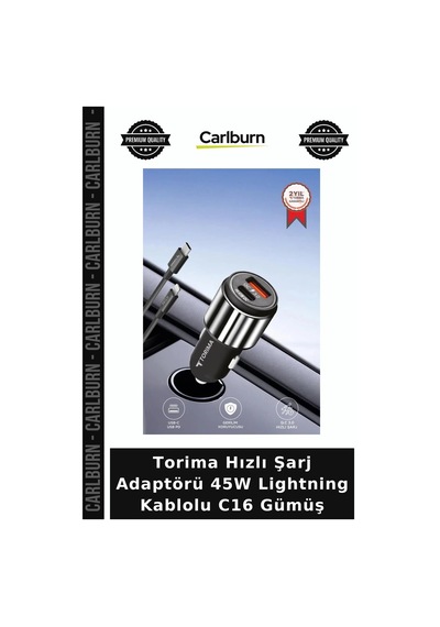 Torima Hızlı Şarj Adaptörü 45w Lightning Kablolu C16 Gümüş Tamamlayıcı Teknik Parça Enerji Kaynağı