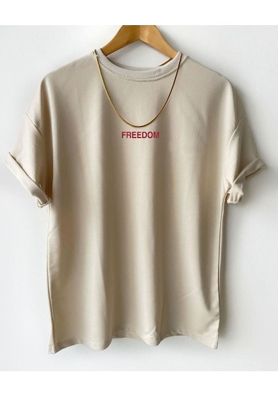 Flood Of Style Erkek Bej Freedom Baskılı Oversize Bisiklet Yaka Kısa Kollu T-shirt