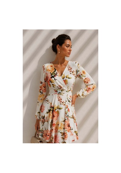 Lior Design Kadın Trend Model Kruvaze Yaka Mini Uzun Kollu Abiye Elbise Çok Renkli