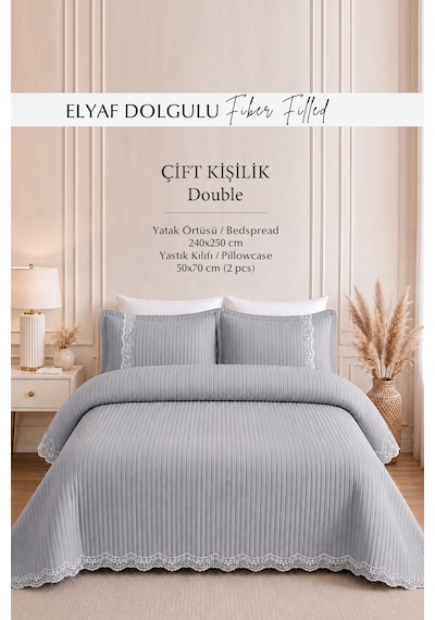 %100 Pamuk Çift Kişilik Yatak Örtüsü Seti Mihrimah Dantelli Pike Takımı 3 Parça Gri