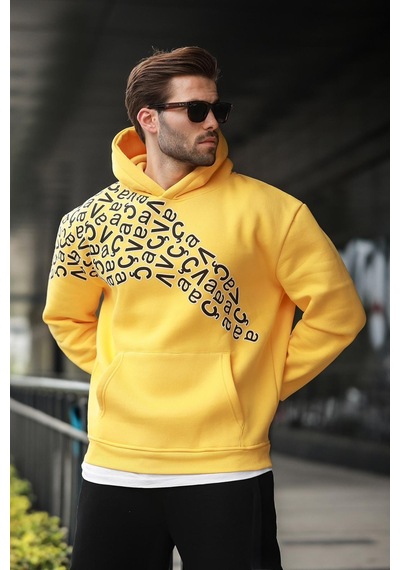 Madmext Sarı Baskılı Kapüşonlu Erkek Sweatshirt E7160 Sarı