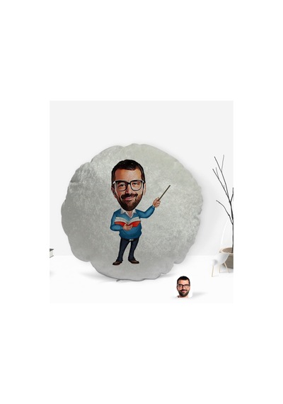 Kişiye Özel Erkek Öğretmen Karikatürlü Yuvarlak Dekoratif Kırlent (505548802)