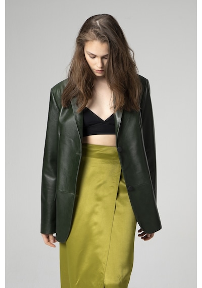 Dericlub Bloom Kadın Oversize Düğmeli Hakiki Deri Blazer Ceket Yeşil Yeşil
