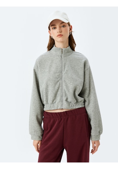 Koton Rahat Kalıp Dik Yaka Crop Fermuarlı Sweatshirt Gri 5sak10051ek Gri