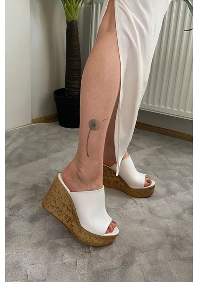 Asmi Shoes Kadın Limo Beyaz Dolgulu Mantar Taban Terlik 10 Cm Beyaz Beyaz