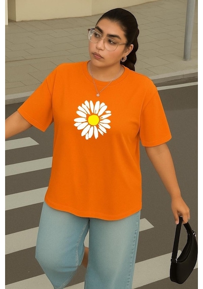 Büyük Beden Papatya Baskılı Unisex Tişört Turuncu