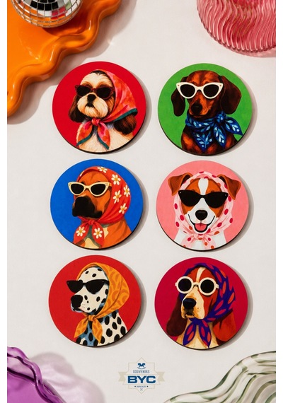 Köpek Desenli Bardak Altlığı 6 Lı Set Pop Art Tasarım, 9 Cm Mdf, Uv Dijital Baskı Çok Renkli