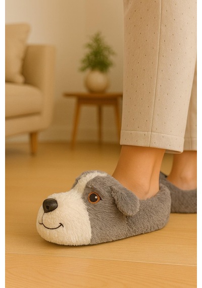 Unisex Yetişkin Köpek Figürlü Peluş Panduf Ev Pandufu Ev Botu Taba