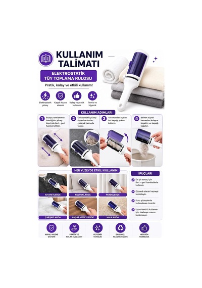 Lexroo Myclean Elektrostatik Tüy Toplama Rulosu Hazneli Yeniden Kullanılabilir Tüy Toplayıcı