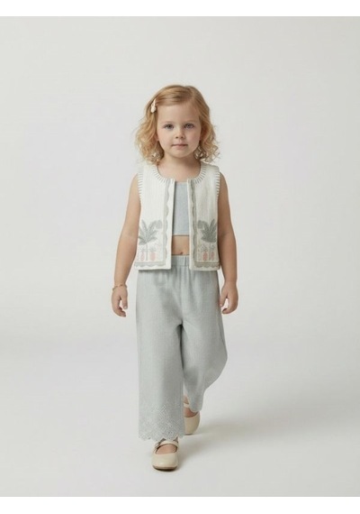 Zekids Kız Çocuk Yelek Crop Pantolon Üçlü Tasarım Takım-17243 Çok Renkli