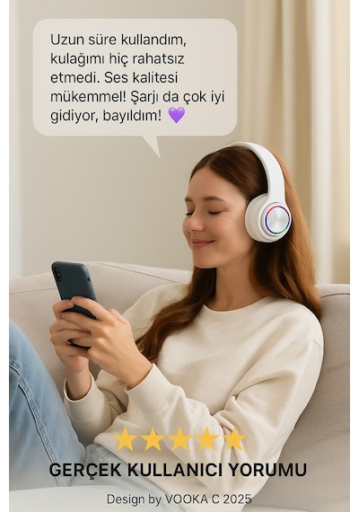 Rgb Işıklı Kablosuz Bluetooth Kulak Üstü Kulaklık Müzik, Oyun, Mikrofonlu, Katlanabilir