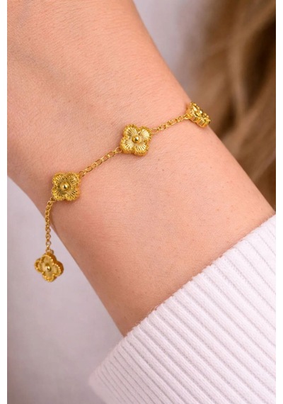 Gold Renk Yonca Desenli Minimal Bileklik Altın