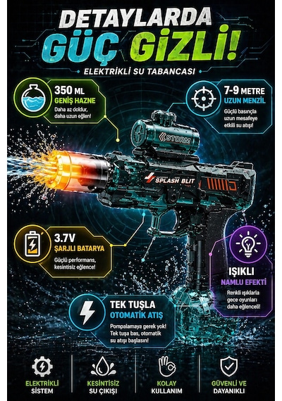 Elektrikli Su Tabancası Şarjlı Otomatik 350ml Işıklı Uzun Menzil Çocuk Oyuncak Su Silahı