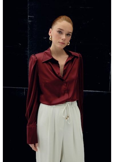 Sateen Vatkalı Saten Gömlek - Bordo-136728 Bordo