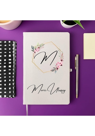 Kişiye Özel Çiçek Çerçeve Tasarımlı Defter Beyaz