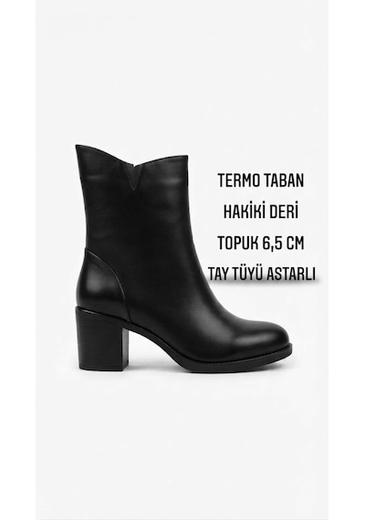 Hakiki Deri Termo Taban Tay Tüyü Astarlı Kalın Topuklu Kadın Bot siyah