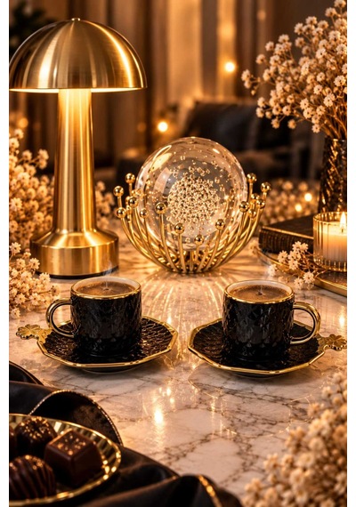 Doğum Günü, Özel Gün, Yeni İş, Yeni Ev Hediyesi Gold Kulplu İkili Porselen Fincan, Kristal Obje Ve Masa Lambası Seti