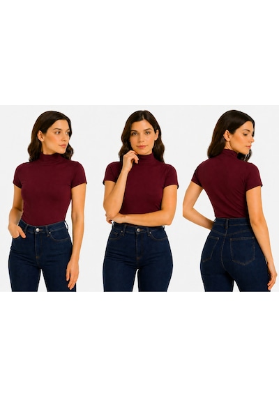 İngegno Body Yarım Balıkçı Yaka Kısa Kol Örme Kumaş Viskon Body Kadın Bordo