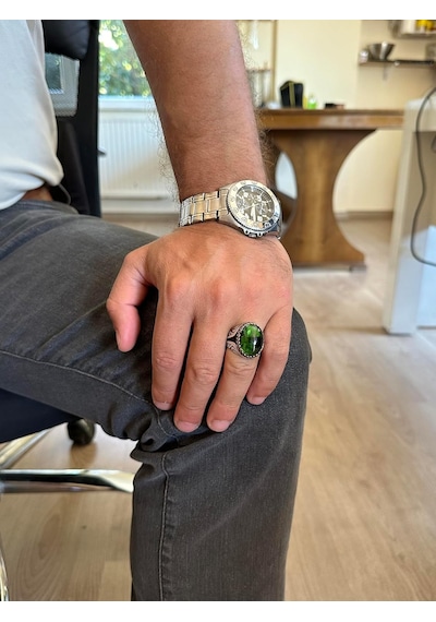 925 Ayar Gümüş Yüzük - Sentetik Taş Gümüş Yüzük - El Yapımı Yüzük Sentetik Peridot Gümüş