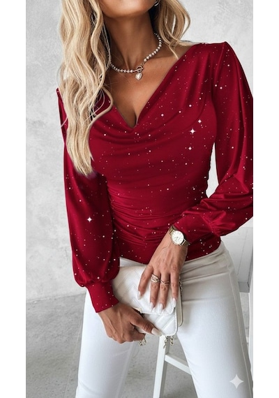Moderie Butik Kadın Uzun Kollu Degaje Yaka Taşlı Sandy Bluz Kırmızı