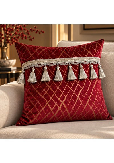 Bordo Gold Desenli Püsküllü Dekoratif Kırlent Bordo - Gold