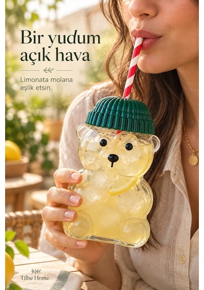 Tilbe Home 2li Ayıcık Cam Bardak Su Matarası 600ml Pipetli Kapaklı Suluk Soğuk İçecek Kokteyl Bardağ