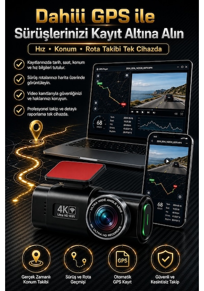 4k Ultra Hd Araç Kamerası Çift Lens Ön Arka Wi-fi Gps Park Modu Gece Görüşlü G-sensörlü Araç İçi Güvenlik Kamerası