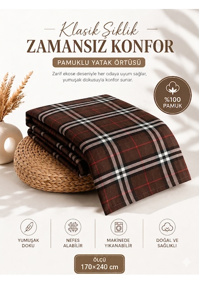 %100 Pamuk Tek Kişilik Yatak Örtüsü 170x240 Cm Klasik Ekose Desenli Şık Ve Yumuşak Kahverengi
