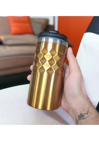 Geometrik Desenli Gold Altın Renk Termos Bardak 300ml