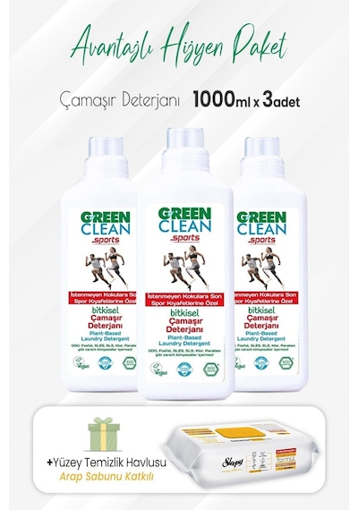 U Green Clean Çamaşır Deterjanı Sports 3 x 1 L + Sleepy  Arap Sabunlu Temizlik Havlusu 100'lü