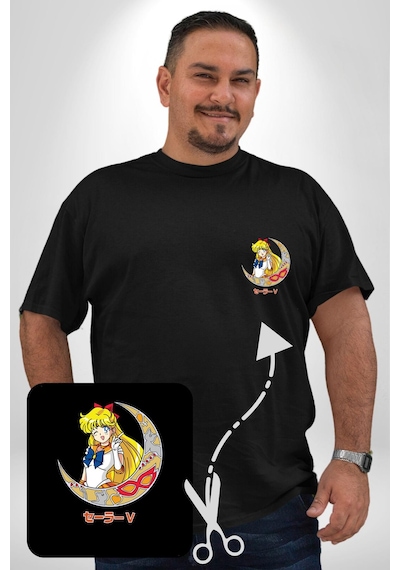Angemiel Sailor Moon Ay Savaşcısı Anime Siyah Büyük Beden Kadın Basic Minimal Baskılı Tişört Siyah