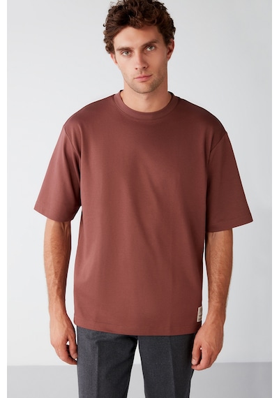 Grimelange Joel Erkek %100 Organik Pamuklu Kalın Kumaşlı Özel Dokulu Etiket Detaylı Oversize Bordo T-shirt