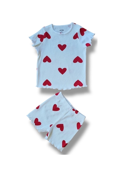 Fuar Baby %100 Pamuk Kaşkorse Kız Çocuk Şortlu Takım Yazlık 2-6 Yaş Kalp Desenli