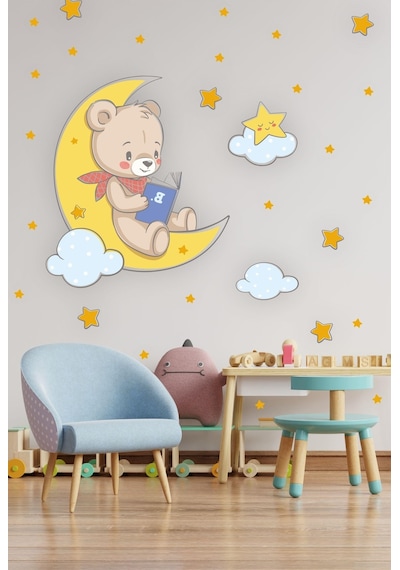 MSticker Ayda Kitap Okuyan Ayıcık Bulut Ve Yıldızlar Çocuk Bebek Odası Sticker Seti