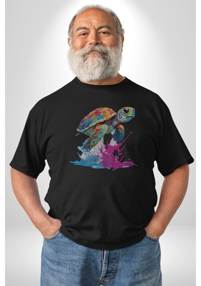 Renkli Kaplumbağa Karetta Kareta Unisex Unisex Siyah Organik Baskılı T-shirt Penye Yüksek Kalite Siyah