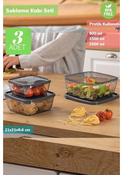 3 Lü Kare Saklama Kabı Seti Erzak Kabı Buzdolabı Kabı Bpa Free Şeffaf