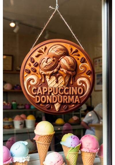 Cappuccino Dondurma Görselli İpli Ahşap Kapı Ve Duvar Süsü, Cafe, Dondurmacı Tabelası Dekoru